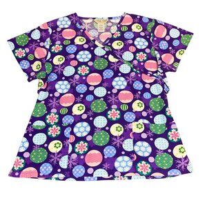 Purple Snowflake Winter Holiday Christmas Bulbs Vibrant Scrub Shirt Top Large